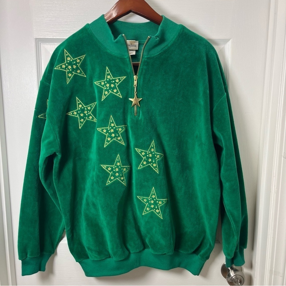 Neiman Marcus Vintage Green Velour Sweatshirt quarter zip Size XL Embroidered - Picture 16 of 16